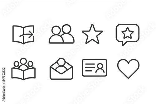 Line Style Icons. Line style icons of sharing and recommendations: share book, friend icon, recommendation star, review bubble.