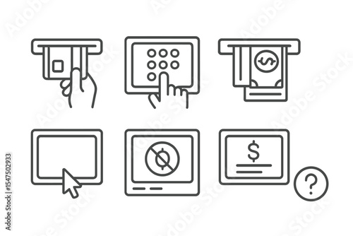 ATM Line Style Icons. Line style icons of ATM usage: insert card, PIN entry, cash dispensing, receipt print. screen prompt,