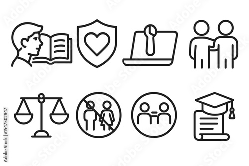 Student Rights Icons. Line style icons of student rights: right to learn, safe space, access to tools, right to support. fairness