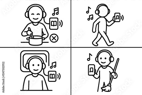 Multitasking With Audiobooks. Line style icons of multitasking while listening: audiobook with cooking, audiobook while walking,