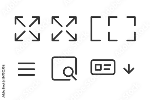 Line Style UI Icons. Line style icons of expand and collapse: expand arrows, collapse arrows, fullscreen icon, exit fullscreen.