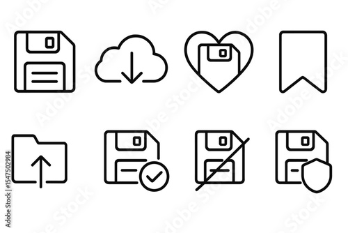 Save Icons Collection. Line style icons of save actions: floppy disk icon, save to cloud, heart-shaped save, bookmark save. folder