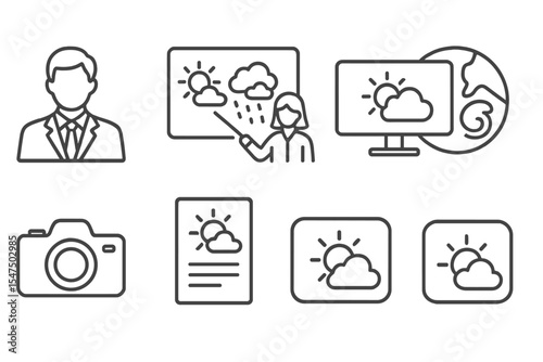 Weather Broadcast Icons. Line style icons of weather broadcast: news anchor, forecast board, studio screen, satellite image.