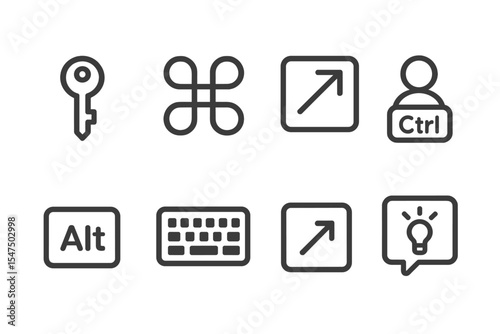 Keyboard Shortcut Icons. Line style icons of keyboard shortcuts: key icon, command key, shortcut overlay, ctrl+icon. alt icon,