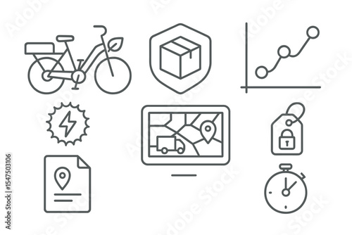 Future Mobility Icons. Line style icons of future mobility: eco-delivery bike icon, cargo box badge, route optimize chart, urban