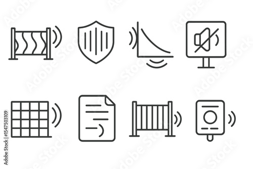 Urban Safety Icons. Line style icons of urban safety and smart infrastructure: noise-canceling barrier icon, acoustic wall badge,