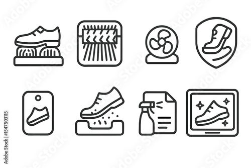 Home Robotics Icons. Line style icons of home robotics and automation: robotic shoe cleaner, brush module unit, drying fan icon,