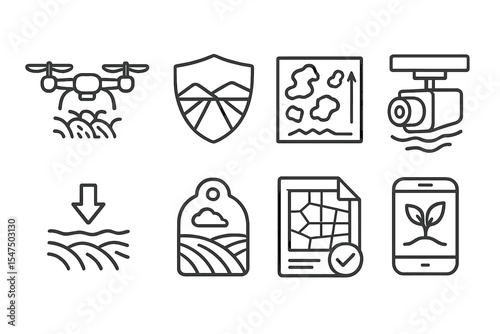 Digital Agriculture Icons. Line style icons of digital agriculture and agrotech: drone crop survey, field scan badge, NDVI map