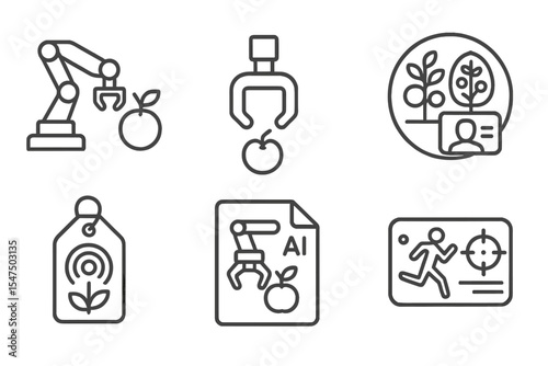 Digital Agriculture Icons. Line style icons of digital agriculture and agrotech: robotic fruit picker, gripper arm icon, harvest