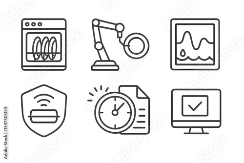 Home Robotics Icons. Line style icons of home robotics and automation: robotic dish loader, plate sorting arm, rinse cycle chart,