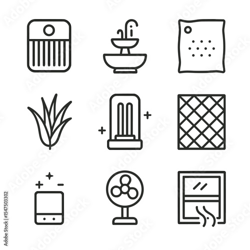 Air Purification Icons. Outline icon set of air purification methods: HEPA filter unit, indoor fountain, bamboo charcoal bag, air
