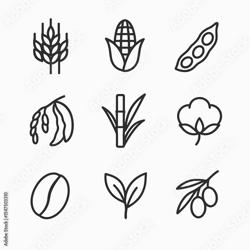 Agricultural Icons Grid. Outline icon set of agricultural products: wheat sheaf, corn cob, soybean pod, rice stalk, sugarcane
