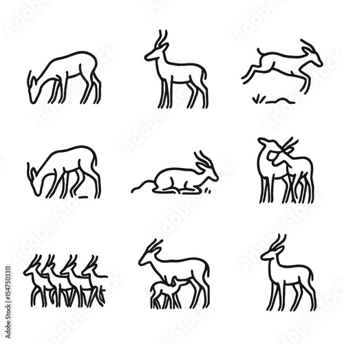 Antelope Behavior Icons. Outline icon set of antelope behaviors: grazing head down, alert look, bounding leap, territorial scrape,