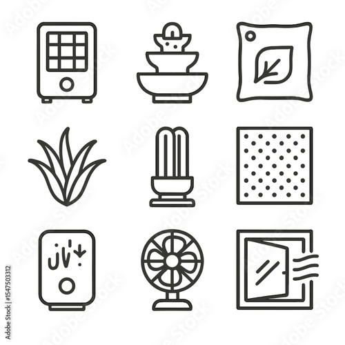 Air Purification Icons. Outline icon set of air purification methods: HEPA filter unit, indoor fountain, bamboo charcoal bag, air