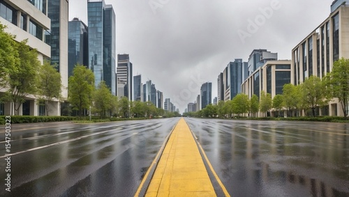 Yellow Line Leads Through Rainy Cityscape