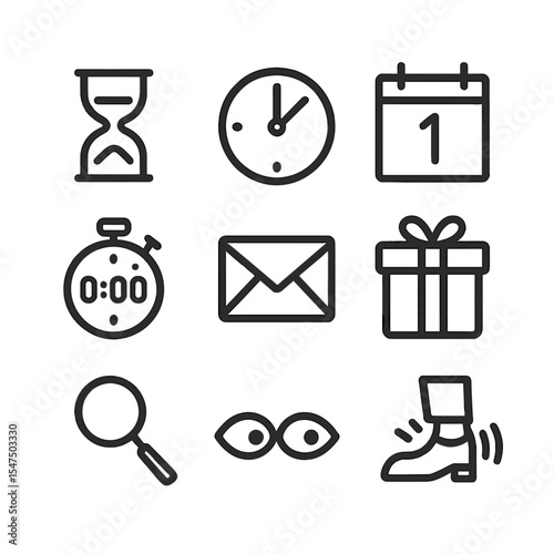 Anticipation Icon Set. Outline icon set of anticipation excitement: hourglass, ticking clock, calendar page, countdown timer,