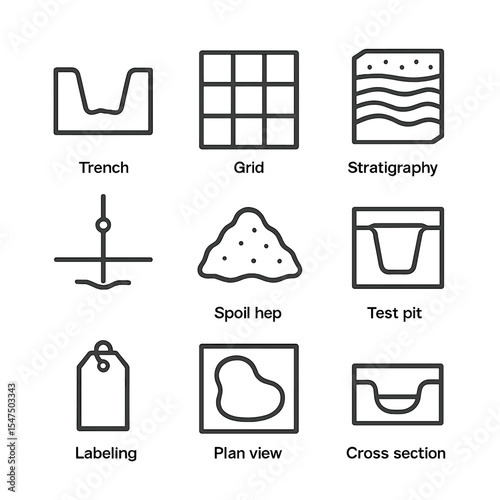 Archaeology Icon Set. Outline icon set of excavation site features: trench, grid line, stratigraphy layers, datum point, spoil