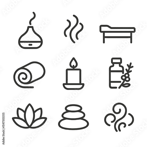 Aromatherapy Spa Icons. Outline icon set of aromatherapy spa with lavender: diffuser, steam cloud, massage table, towel roll,