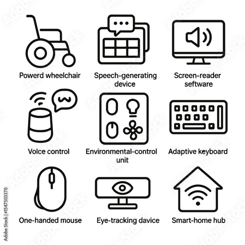 Assistive Tech Icons. Outline icon set of assistive technology devices: powered wheelchair, speech-generating device,