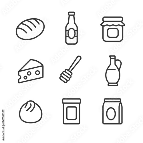 Artisanal Food Icon Set. Outline icon set of artisanal food and drink markets: sourdough loaf, craft beer bottle, gourmet jam jar,
