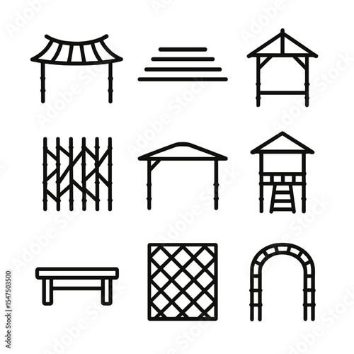 Bamboo Forest Icons. Outline icon set of bamboo forest architecture: pavilion roof, walkway planks, gazebo frame, woven fence,