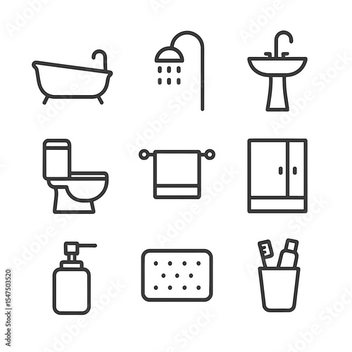 Bathroom Fixtures Icons. Outline icon set of bathroom fixtures: bathtub, showerhead, sink basin, toilet, towel rack, mirror