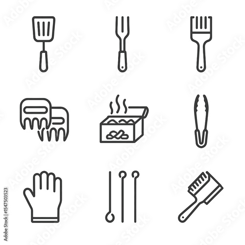 Barbecue Tool Icons. Outline icon set of barbecue tool set: grill spatula, grill fork, basting brush, meat claws, smoking chips