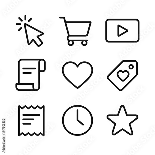 Behavioral Targeting Icons. Outline icon set of behavioural targeting: click cursor, shopping cart, video play button, page scroll