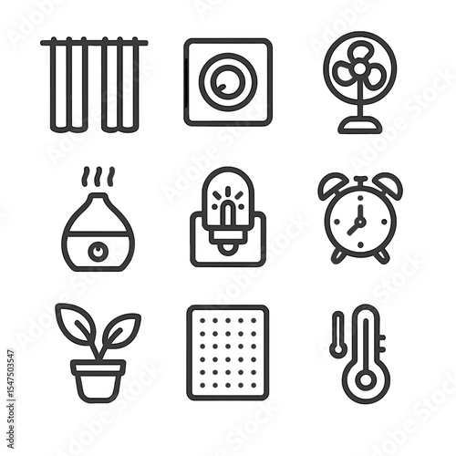Bedroom Icon Set. Outline icon set of bedroom ambience elements: blackout curtains, dimmer switch, humidifier, fan, nightlight,
