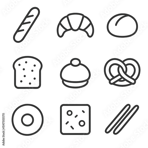 Bread Basket Icons. Outline icon set of bread basket varieties: baguette, croissant, dinner roll, sourdough slice, brioche bun,