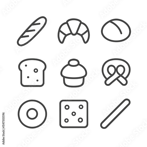 Bread Basket Icons. Outline icon set of bread basket varieties: baguette, croissant, dinner roll, sourdough slice, brioche bun,