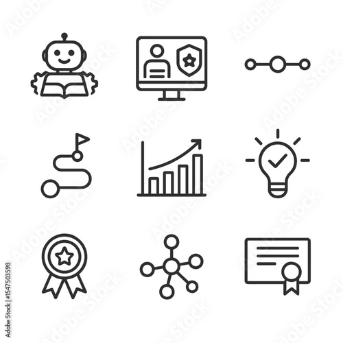 Adaptive Learning Icons. Outline icon set of adaptive learning systems: AI tutor, personalized lesson, difficulty slider, learning