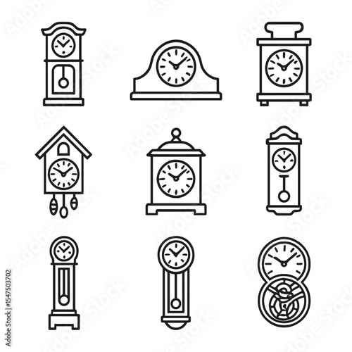 Antique Clock Icons. Outline icon set of antique clock types: grandfather clock, mantel clock, carriage clock, cuckoo clock,