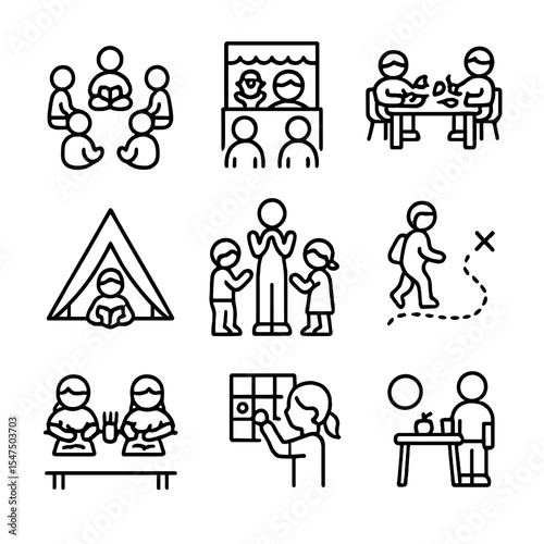 Children's Library Icons. Outline icon set of children’s library activities: story circle, puppet show, craft table, reading tent,
