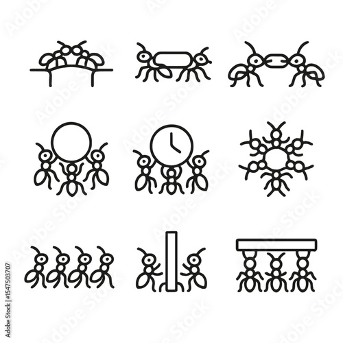 Ant Teamwork Icons. Outline icon set of ant teamwork: bridge formation, load sharing, chain link, group carry, cooperative lift,