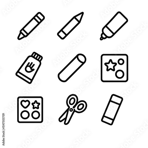 Children's Drawing Tools. Outline icon set of children’s drawing materials: crayon, colored pencil, washable marker, finger paint,