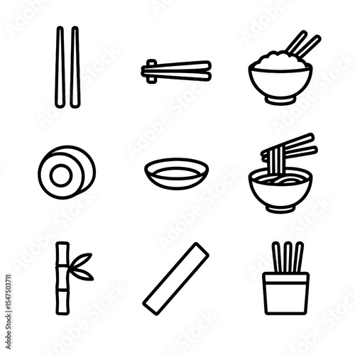Chopsticks Icon Set. Outline icon set of chopsticks dining utensils: chopstick pair, chopstick rest, rice bowl, sushi roll, soy