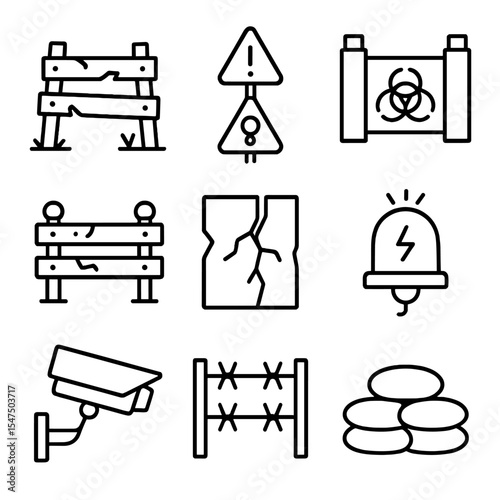 Apocalypse Icon Set. Outline icon set of apocalypse checkpoints: wrecked barricade, warning signs, biohazard gate, rusted barrier,