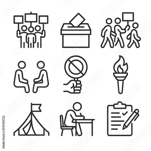 Civil Rights Icons. Outline icon set of civil rights movements: picket line, voting box, protest march, sit-in silhouette, boycott