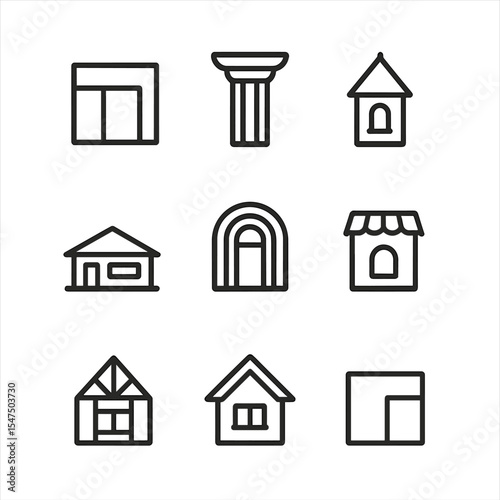 Architectural Style Icons. Outline icon set of architectural styles: modern facade, colonial column, Victorian turret, ranch ranch