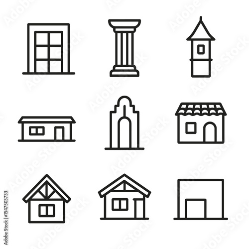 Architectural Style Icons. Outline icon set of architectural styles: modern facade, colonial column, Victorian turret, ranch ranch