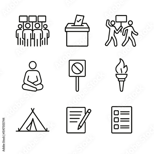 Civil Rights Icons. Outline icon set of civil rights movements: picket line, voting box, protest march, sit-in silhouette, boycott