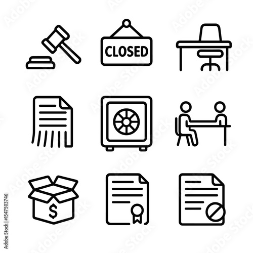 Bankruptcy Icons Set. Outline icon set of corporate bankruptcy: gavel hitting block, closed sign, empty office desk, shredded