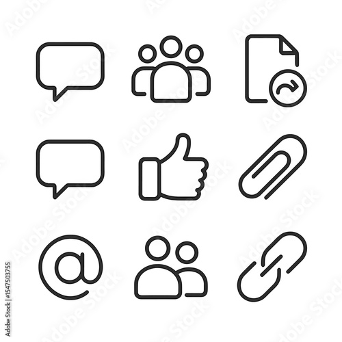 Collaboration Icon Set. Outline icon set of collaboration tasks: chat bubble, group icon, shared document, comment bubble,