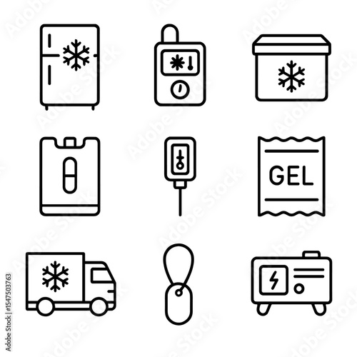 Cold Chain Icon Set. Outline icon set of cold chain management: refrigerator, temperature logger, insulated box, ice pack,