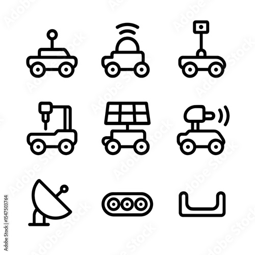 Autonomous Vehicle Icons. Outline icon set of autonomous inspection vehicles: ground rover, LiDAR dome, camera mast, sampling