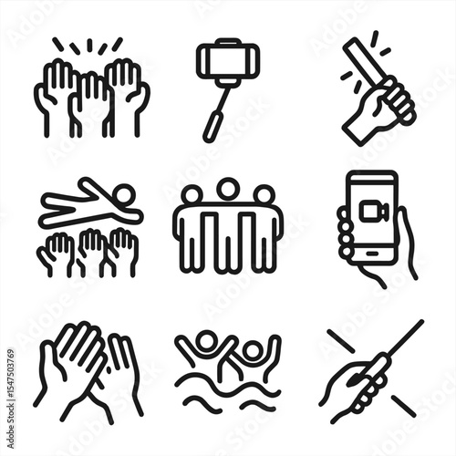 Audience Interaction Icons. Outline icon set of audience interaction: cheering hands, selfie stick, glow stick, crowd surfer, mosh