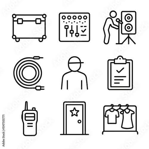 Backstage Crew Icons. Outline icon set of backstage crew activities: road case, lighting console, soundcheck, cable coil,