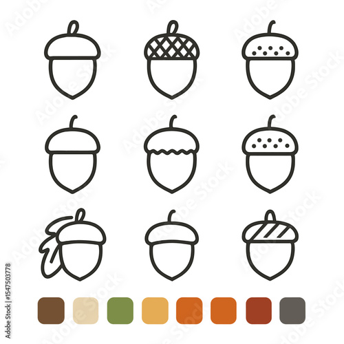 Colorful Acorn Palette Icons. Outline icon set of acorn color palette: deep brown swatch, beige swatch, olive green swatch, golden