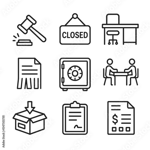 Bankruptcy Icons Set. Outline icon set of corporate bankruptcy: gavel hitting block, closed sign, empty office desk, shredded